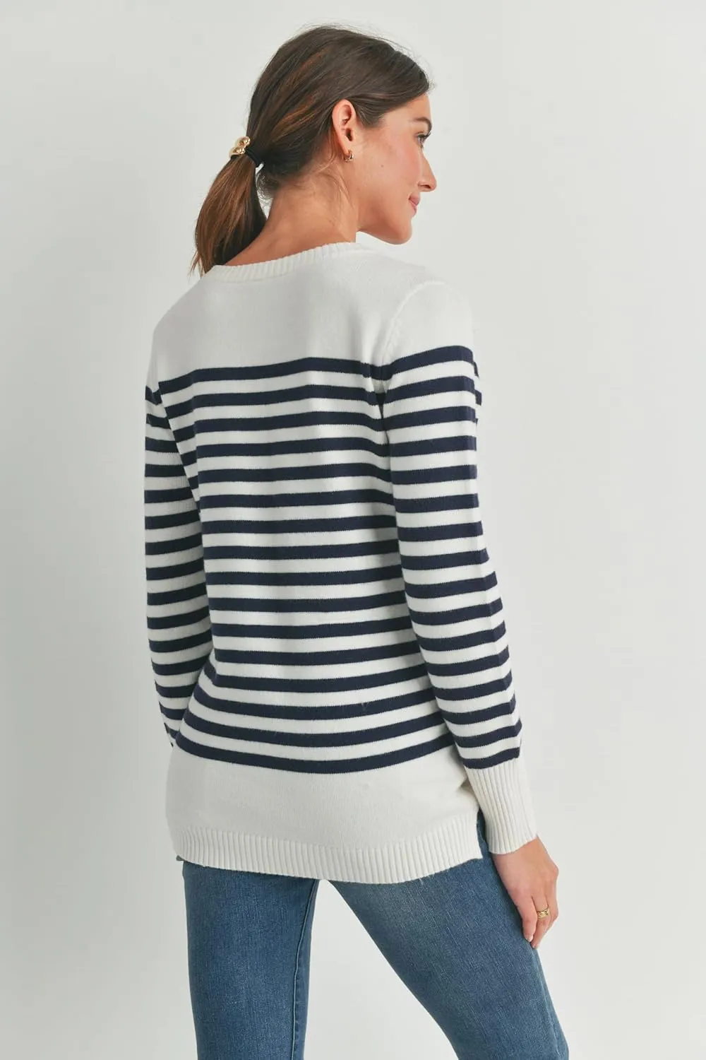 Womens Striped Long Sleeve Knitted Nursing Maternity Sweater Top