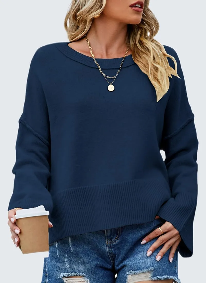 Womens Sweaters Fall 2024 Oversized Lightweight Crewneck Bell-Style Sleeve Batwing Knit Tops Pullover Jumpers