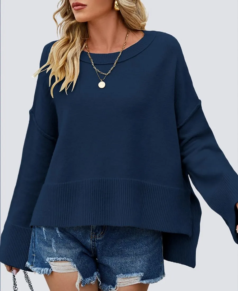 Womens Sweaters Fall 2024 Oversized Lightweight Crewneck Bell-Style Sleeve Batwing Knit Tops Pullover Jumpers