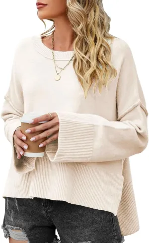 Womens Sweaters Fall 2024 Oversized Lightweight Crewneck Bell-Style Sleeve Batwing Knit Tops Pullover Jumpers