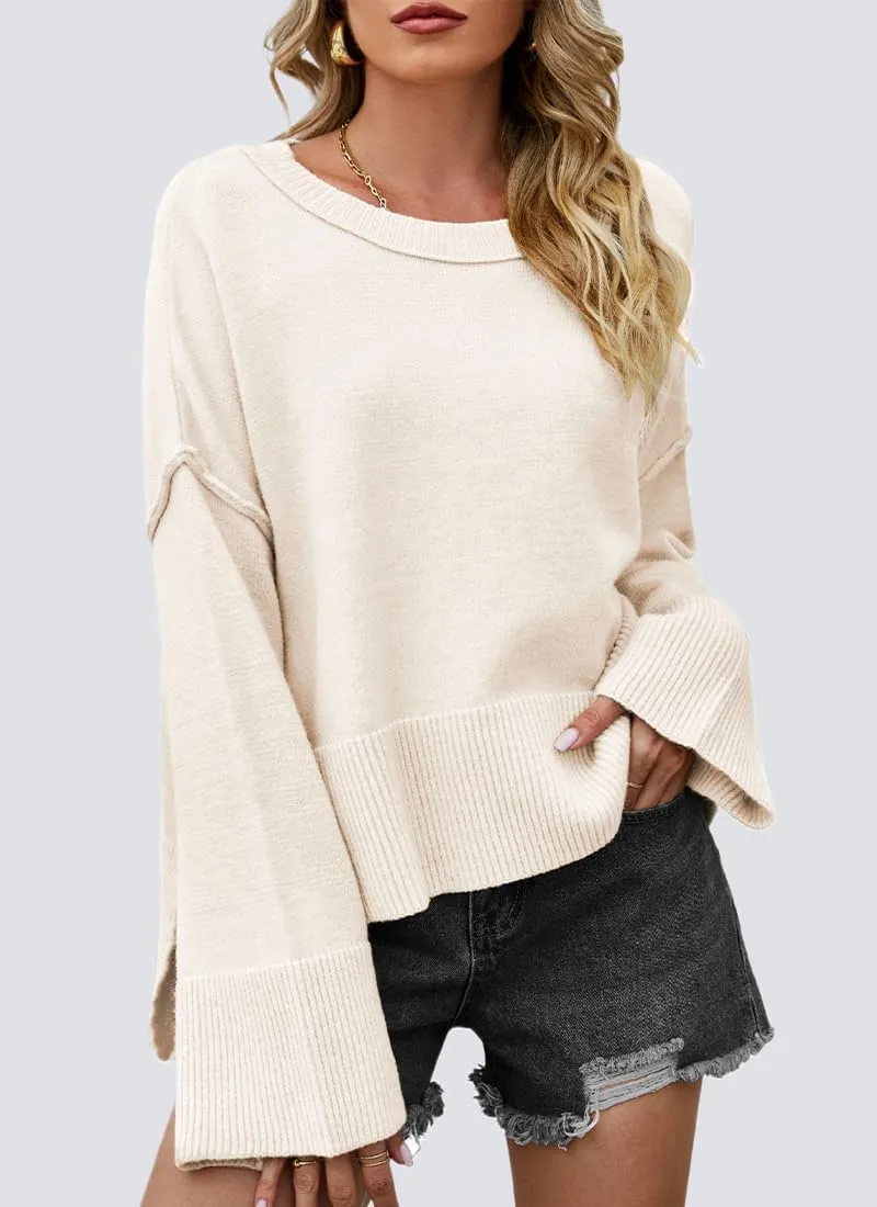 Womens Sweaters Fall 2024 Oversized Lightweight Crewneck Bell-Style Sleeve Batwing Knit Tops Pullover Jumpers