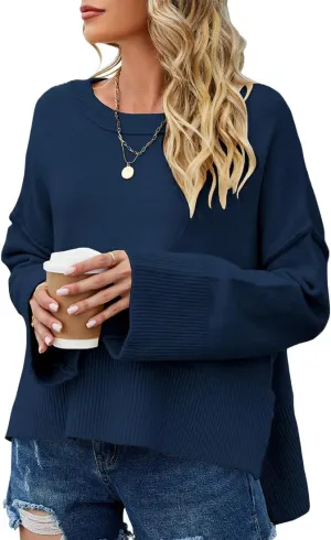 Womens Sweaters Fall 2024 Oversized Lightweight Crewneck Bell-Style Sleeve Batwing Knit Tops Pullover Jumpers