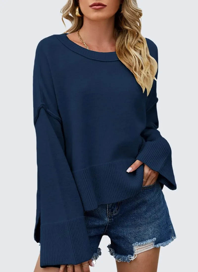 Womens Sweaters Fall 2024 Oversized Lightweight Crewneck Bell-Style Sleeve Batwing Knit Tops Pullover Jumpers