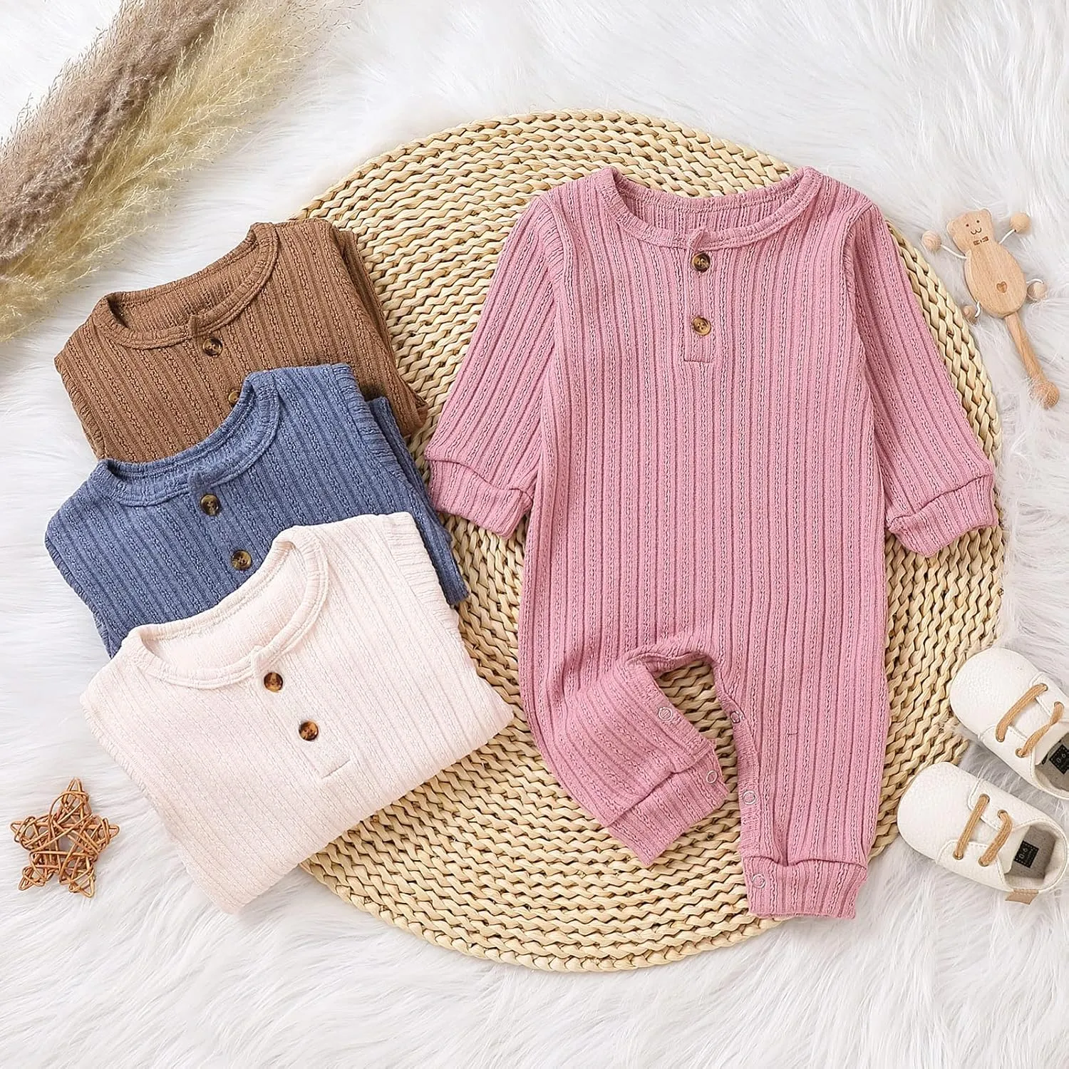 Ynibbim Winter Newborn Baby Boy Girl Solid Romper Unisex Infants Hooded Outfit Clothes Waffle Cotton Button Jumpsuits