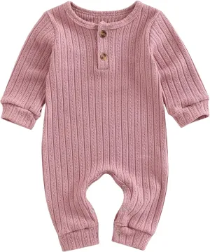 Ynibbim Winter Newborn Baby Boy Girl Solid Romper Unisex Infants Hooded Outfit Clothes Waffle Cotton Button Jumpsuits