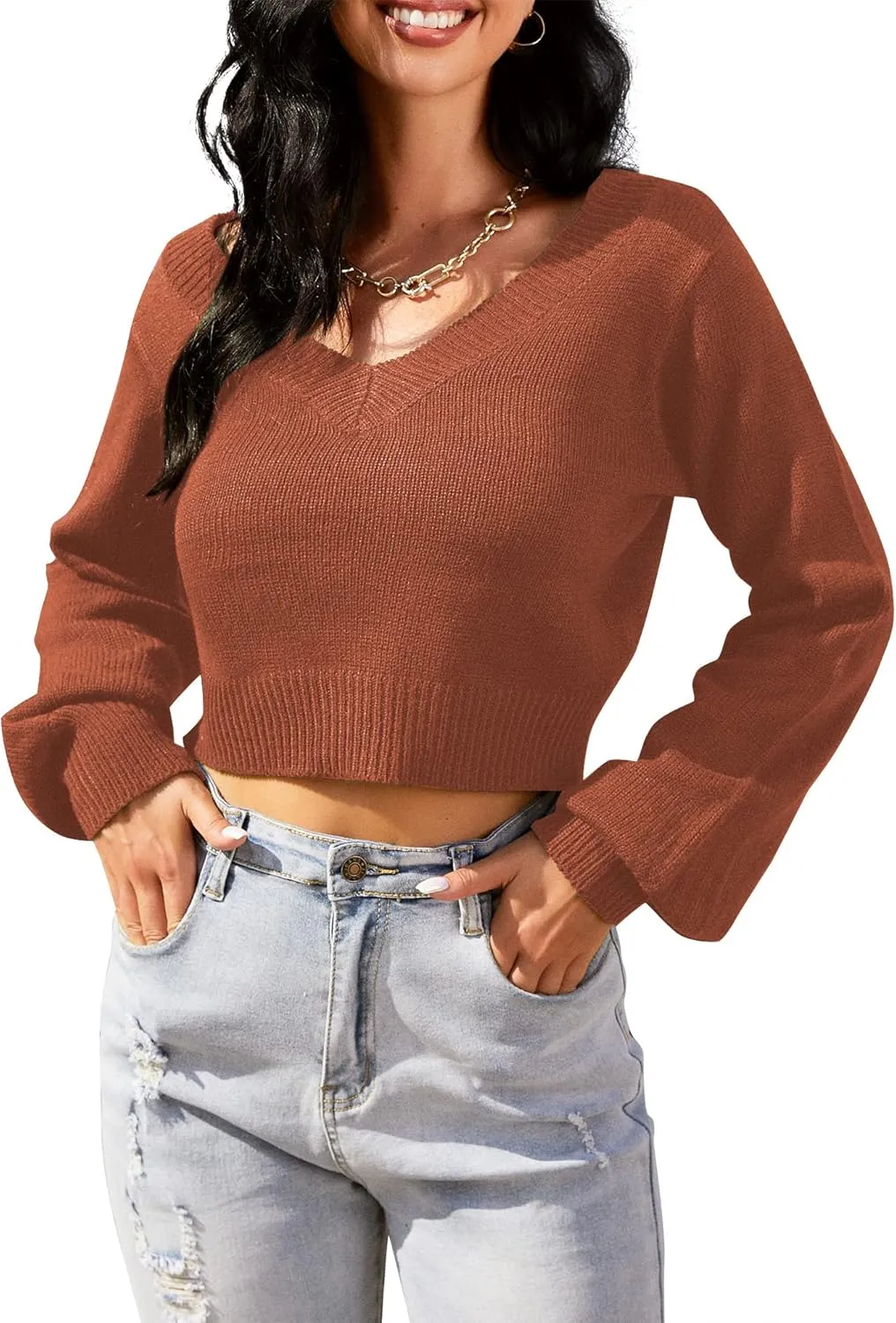 ZAFUL Women's Cropped Sweater V-Neck Long Sleeve Crop Sweater Pullover Jumper Knit Top