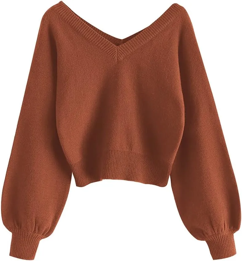 ZAFUL Women's Cropped Sweater V-Neck Long Sleeve Crop Sweater Pullover Jumper Knit Top
