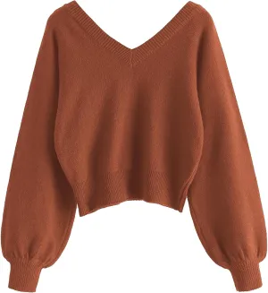 ZAFUL Women's Cropped Sweater V-Neck Long Sleeve Crop Sweater Pullover Jumper Knit Top
