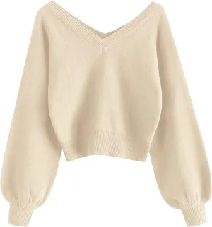 ZAFUL Women's Cropped Sweater V-Neck Long Sleeve Crop Sweater Pullover Jumper Knit Top