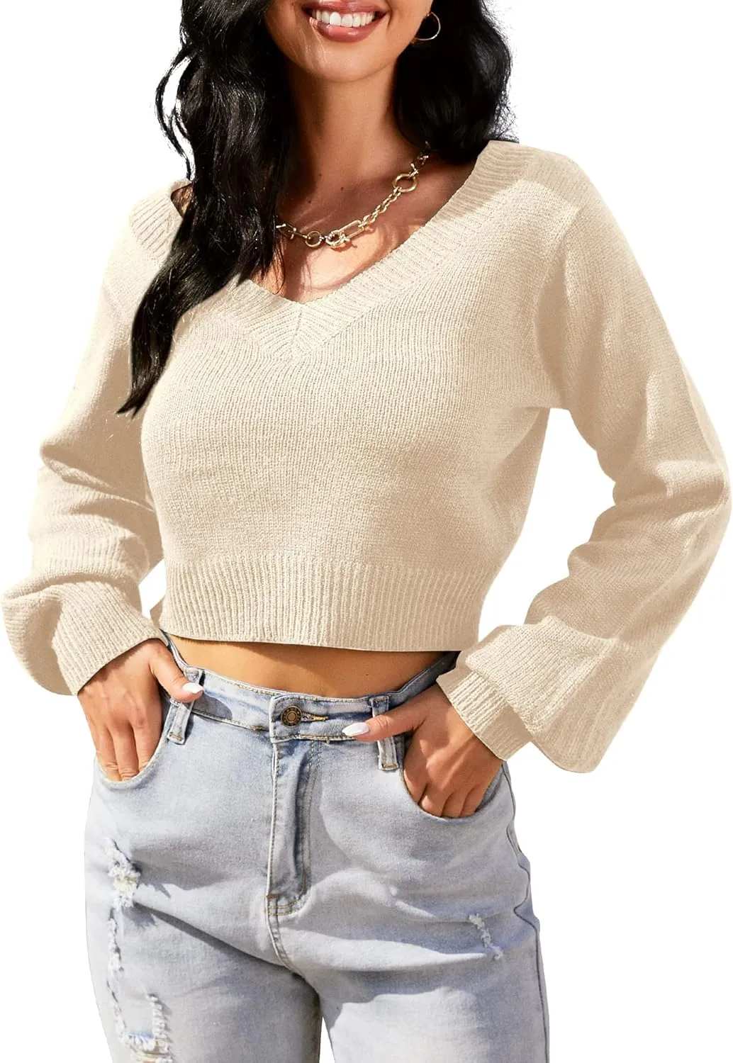 ZAFUL Women's Cropped Sweater V-Neck Long Sleeve Crop Sweater Pullover Jumper Knit Top